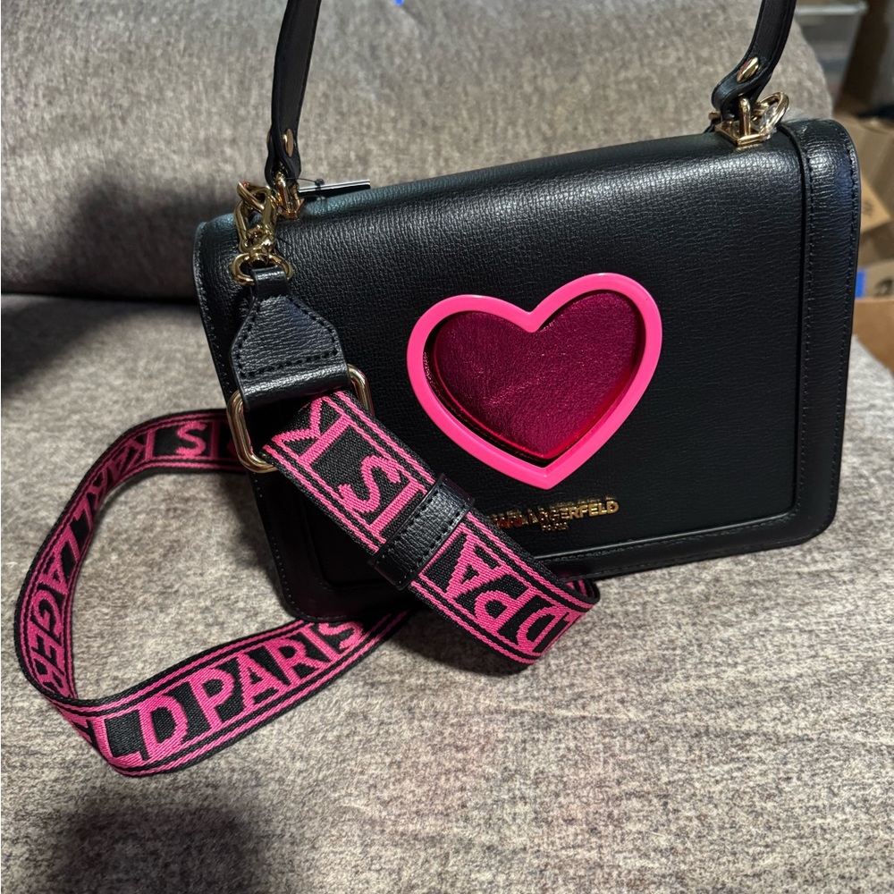 NWT - Karl Lagerfeld Black and Pink Heart Crossbody With Dustbag